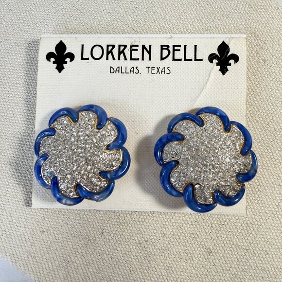 Lorren Bell Blue & Rhinestone Clip-On Earrings New - Picture 1 of 8